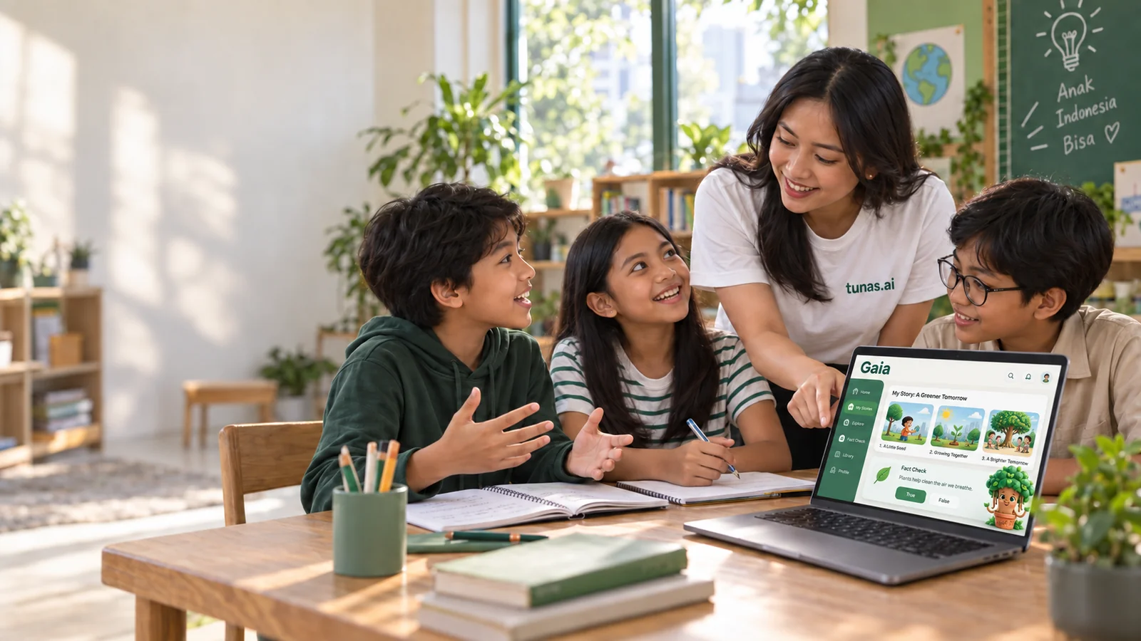 Tunas.ai learning scene: a teacher and children explore ideas together, with the Gaia learning platform on a classroom screen