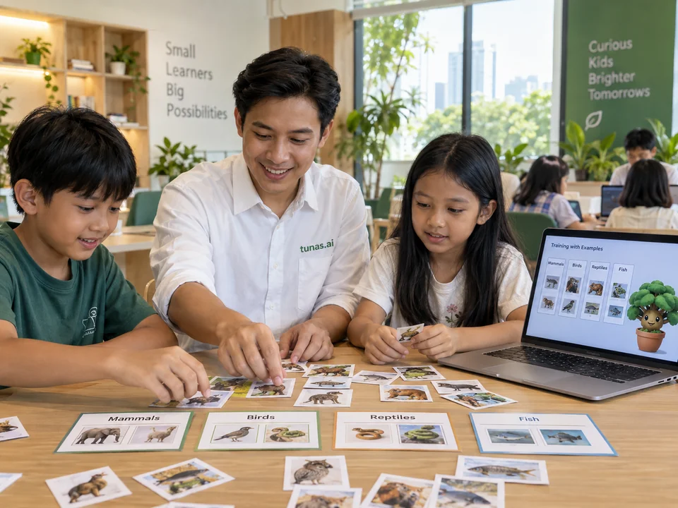 A child exploring how AI learns using picture cards